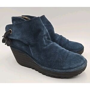 FLY LONDON YEBI Blue‎ Suede Back Tie Closure Ankle Wedge Heel Booties 38 - US 8